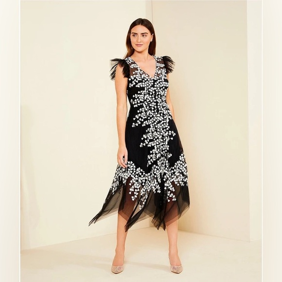 BCBGMAXAZRIA Black Embroidered Hearts Lace Feminine Asymmetrical Hem Dress 2 NWT - Picture 1 of 14